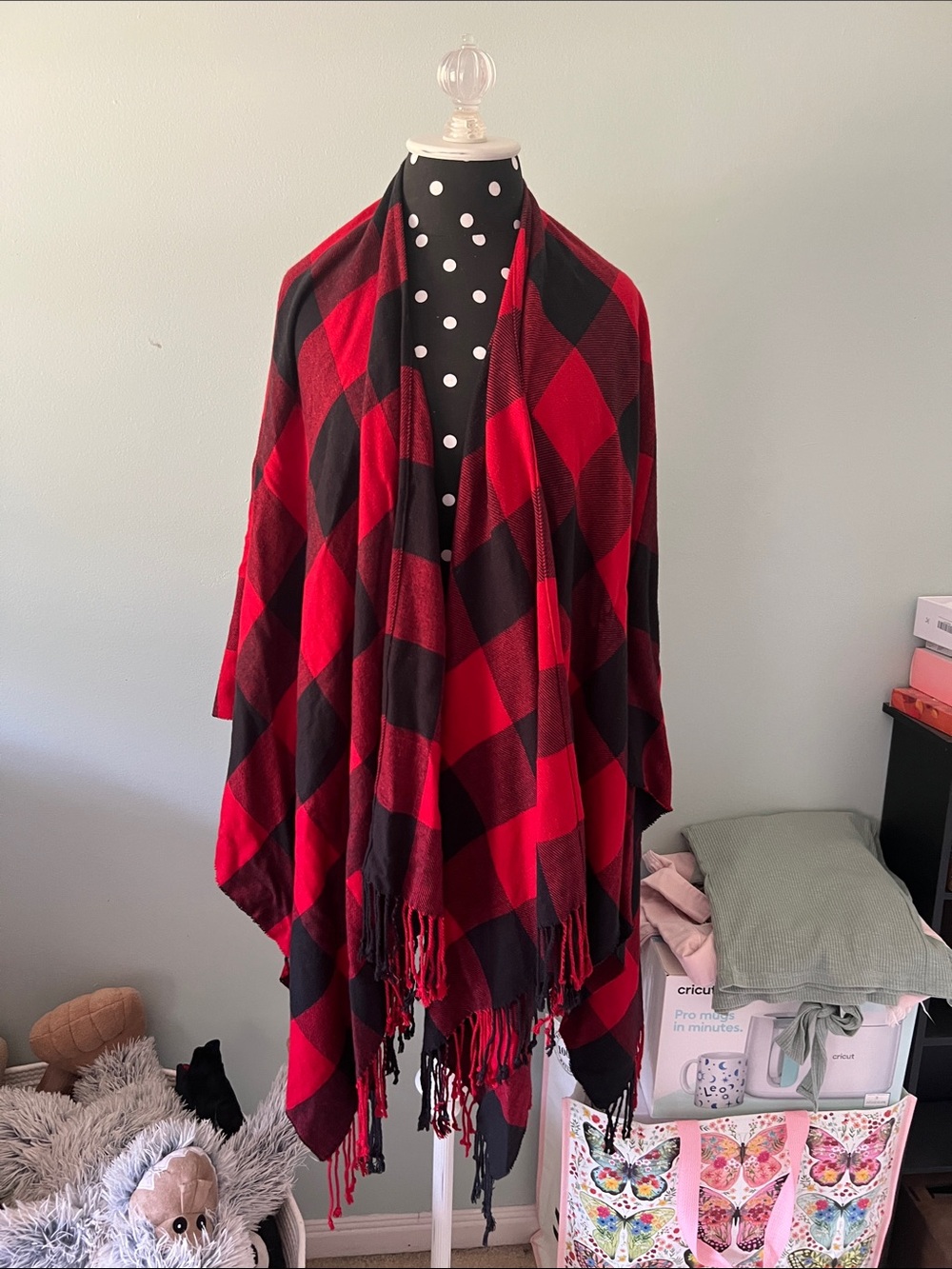 Maurices Red and Black Buffalo Plaid Fringe Shawl Wrap